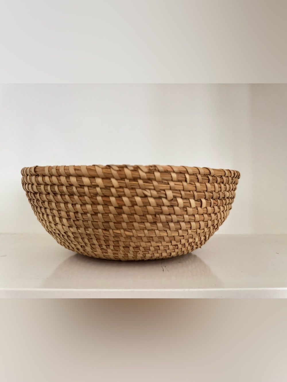 Vintage Handwoven Straw Basket Coiled Shallow Bowl Boho Decor